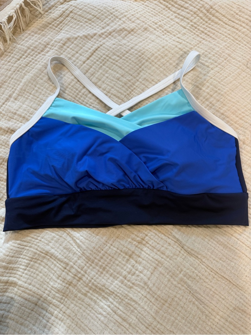 Lands' End Blue Colorblock Crisscross Bikini Top